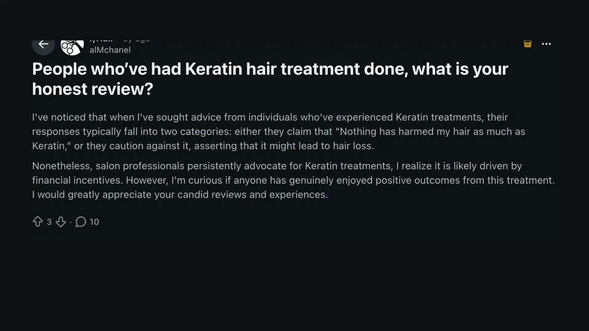 Reddit post asking for honest reviews of Keratin hair treatments, noting mixed opinions on hair damage and loss
