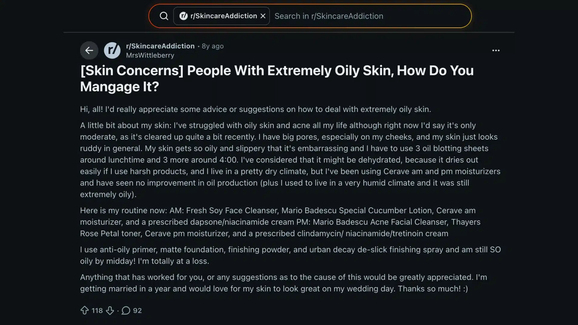 Reddit thread on SkincareAddiction discussing how to manage extremely oily skin, with user routines and advice