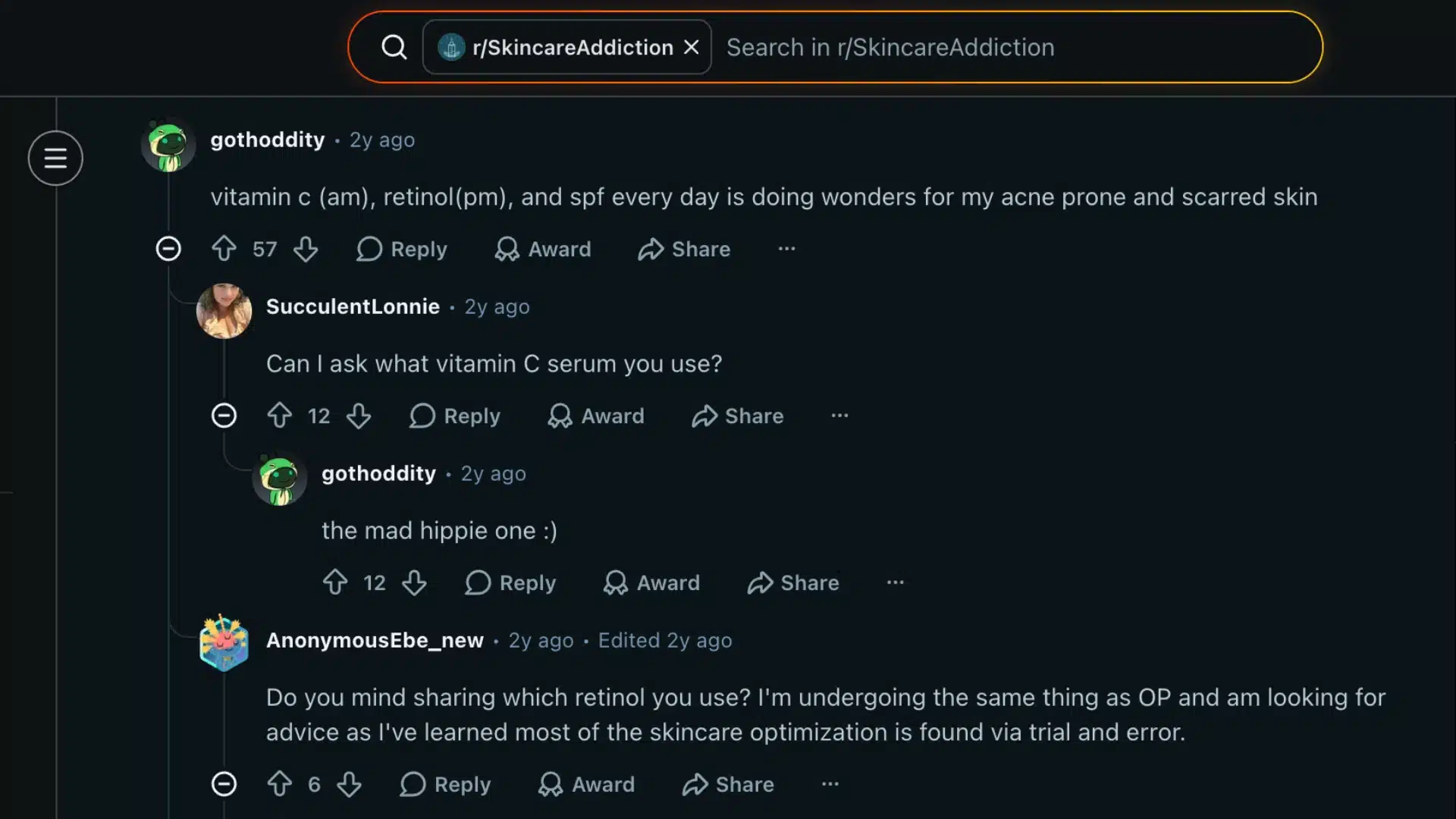 Reddit users discussing vitamin C, retinol, and SPF routine for acne scars and smoother skin texture