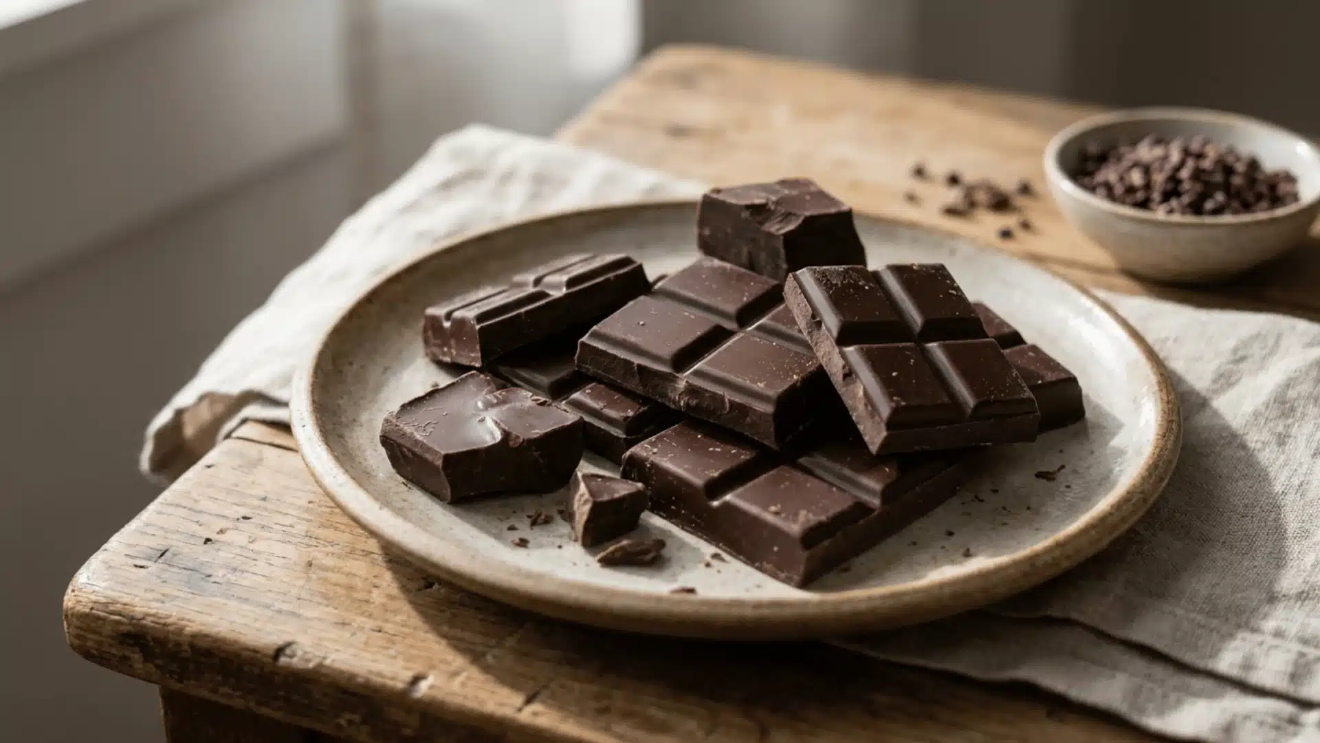 Rich dark chocolate pieces arranged naturally on a ceramic plate