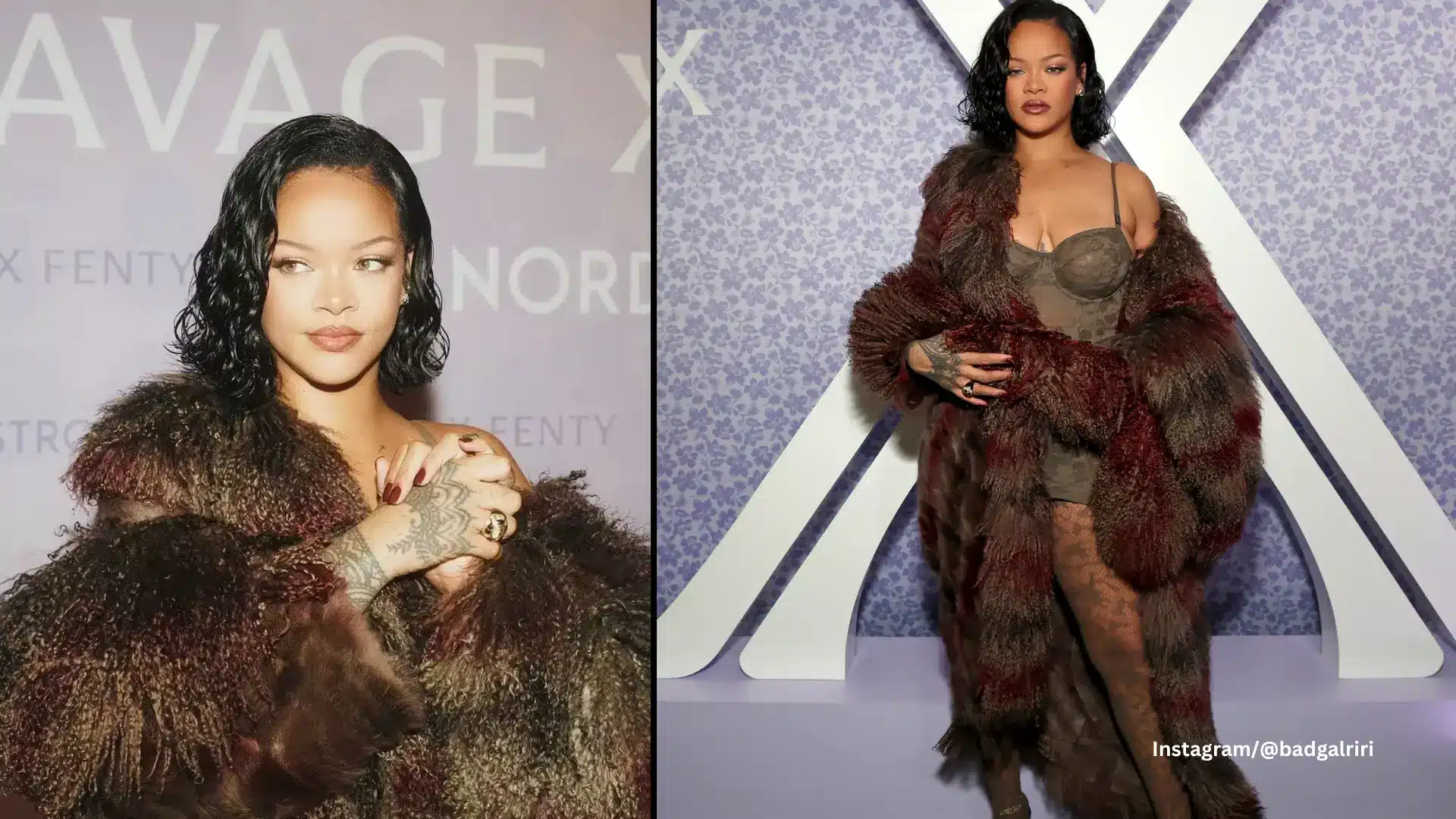Rihanna attending Savage X Fenty celebration wearing Faux fur coat in Los Angeles