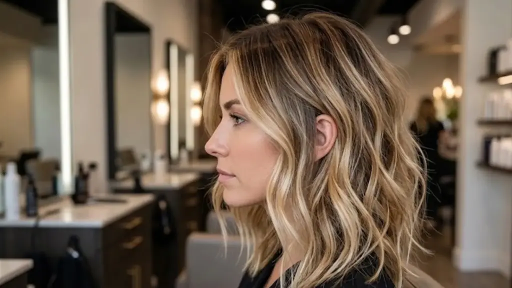 Root smudge blonde balayage with soft blended roots and natural salon styled waves