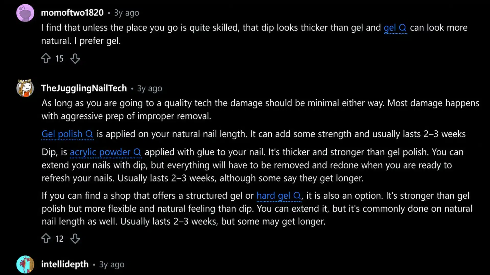 Screenshot showing user opinions comparing dip vs gel nails with upvotes and replies