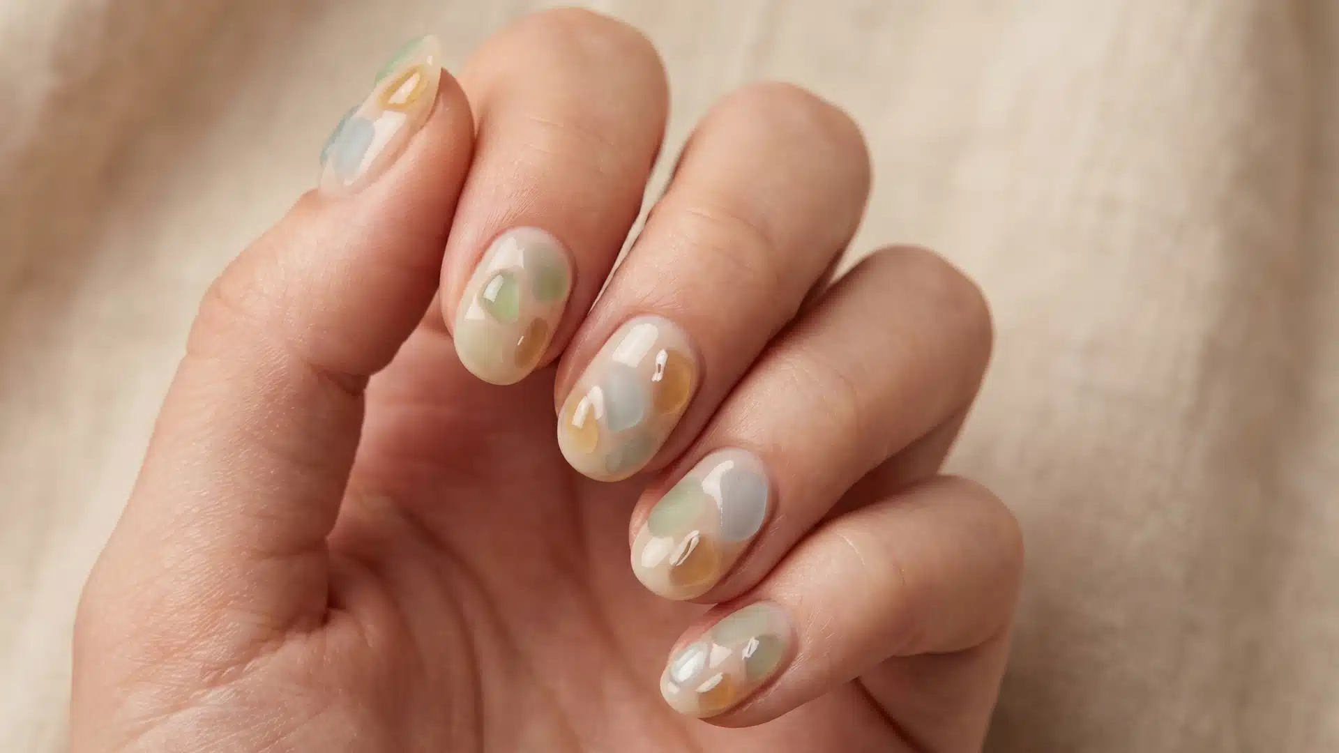 Sheer nude nails with pastel sea glass patches in mixed matte and glossy finishes