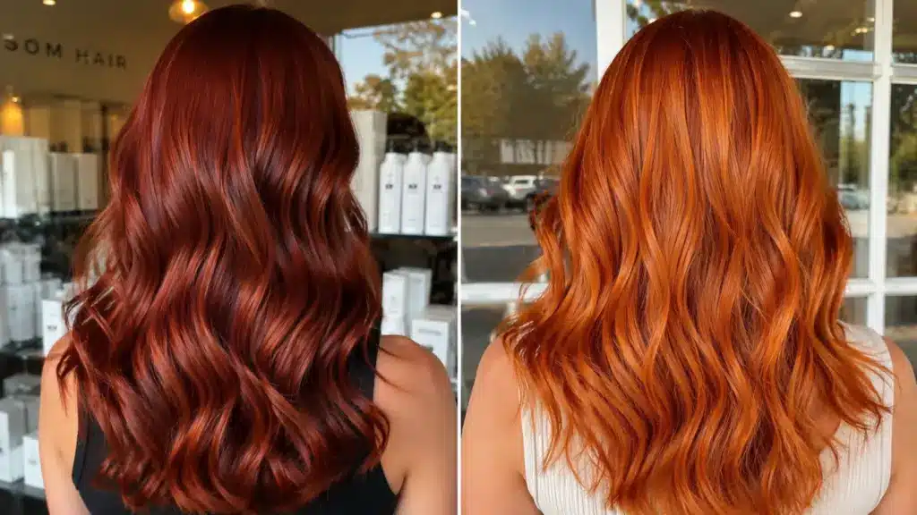 Side by side auburn vs copper hair color comparison with soft waves in realistic luxury salon lighting