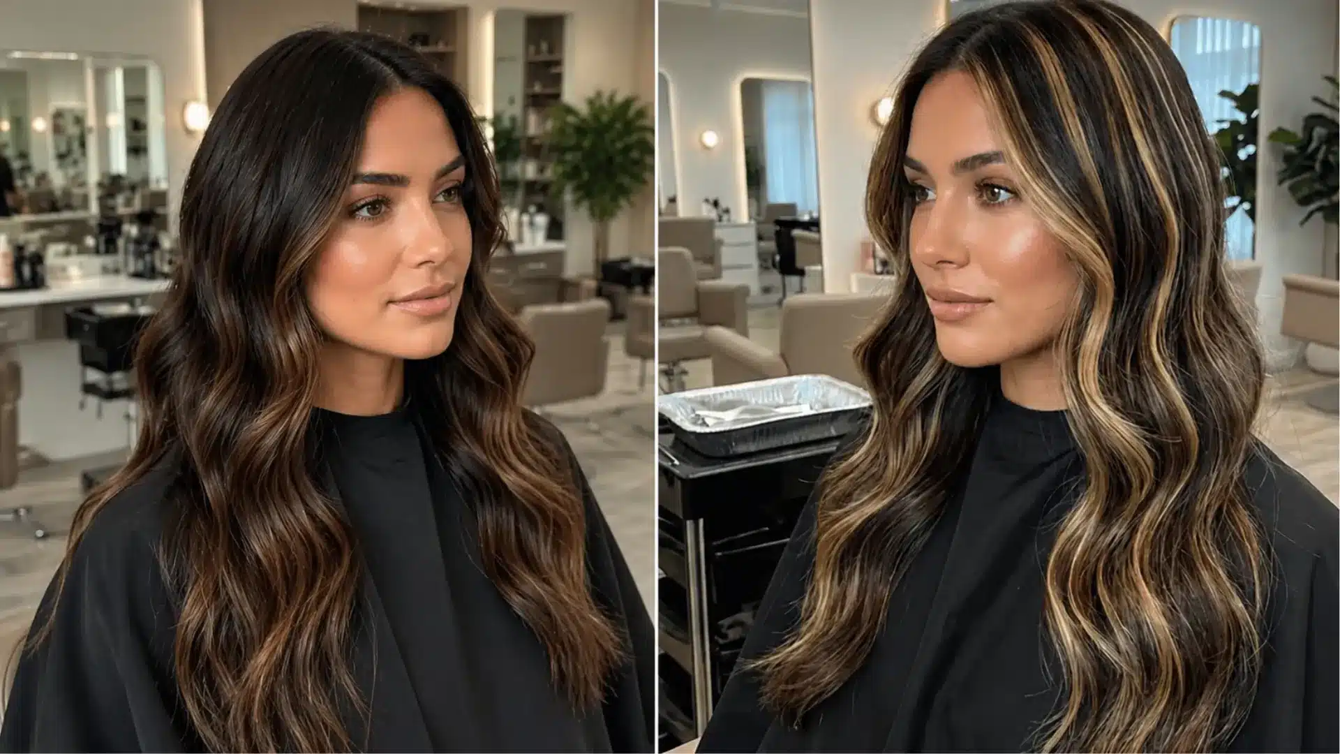 Side-by-side balayage and foil highlights on dark brunette hair with soft waves and natural salon lighting