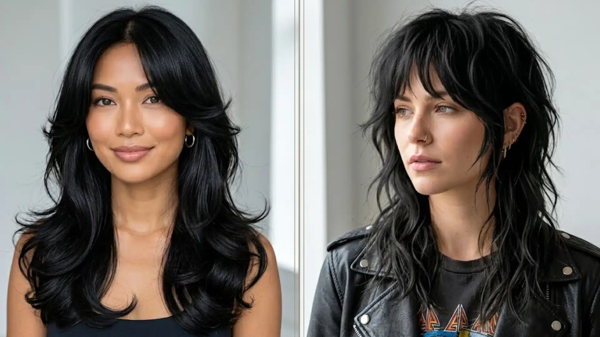 Side-by-side butterfly cut and wolf cut hairstyles with black layered hair, soft volume, bangs, and textured waves
