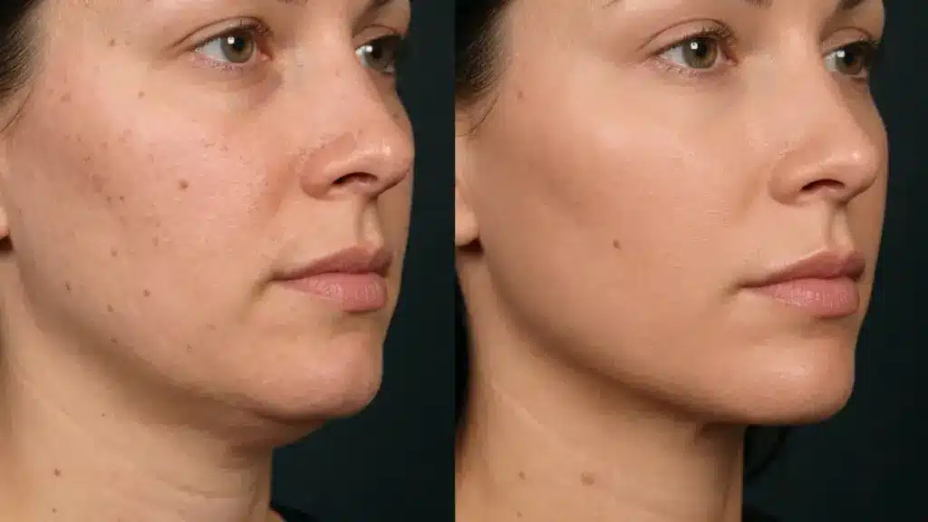 Side-by-side close-up of a woman's lower face showing reduced smile lines and firmer jawline after skin tightening treatment