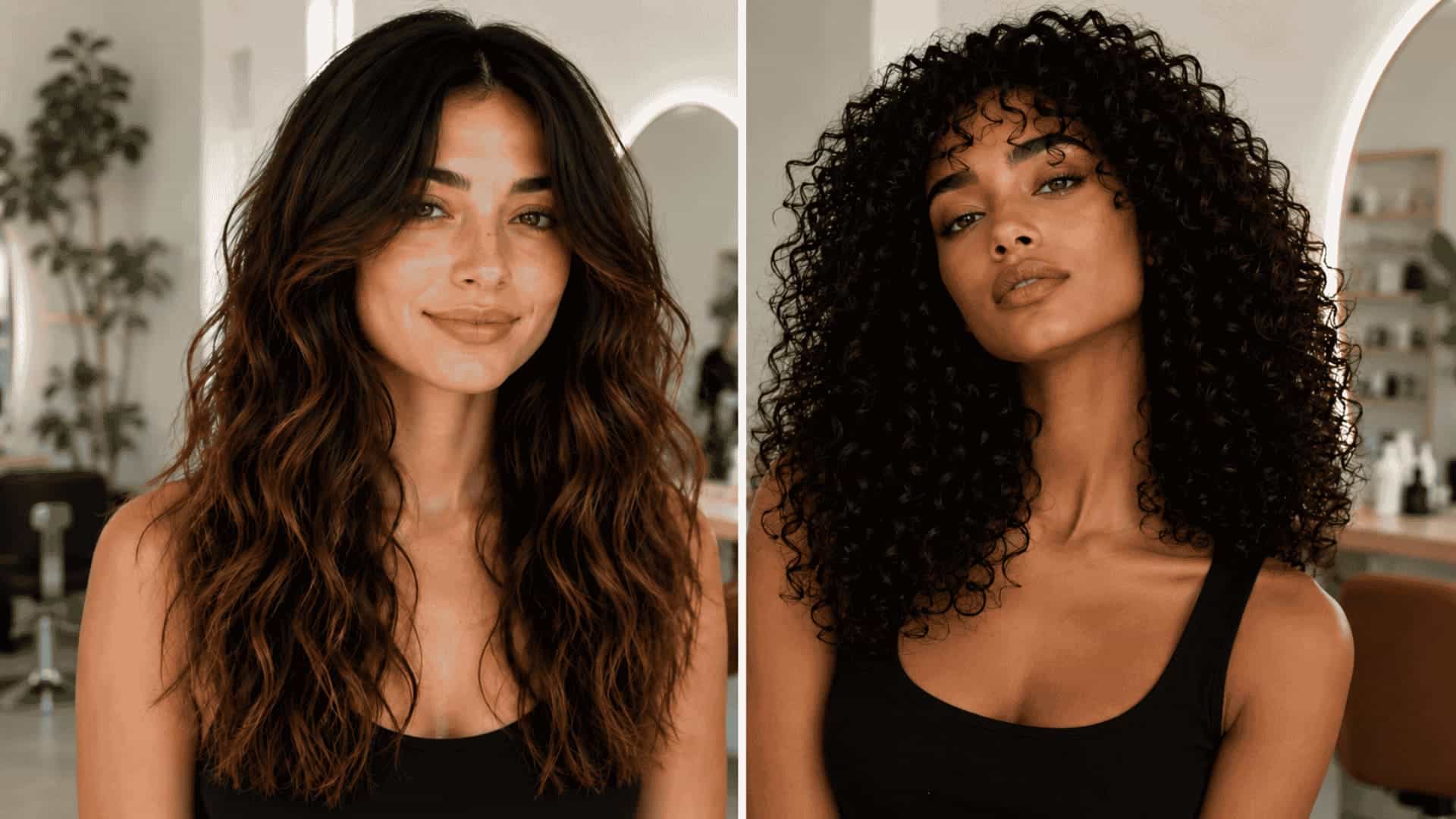 Side-by-side comparison of long wavy hair and curly hair