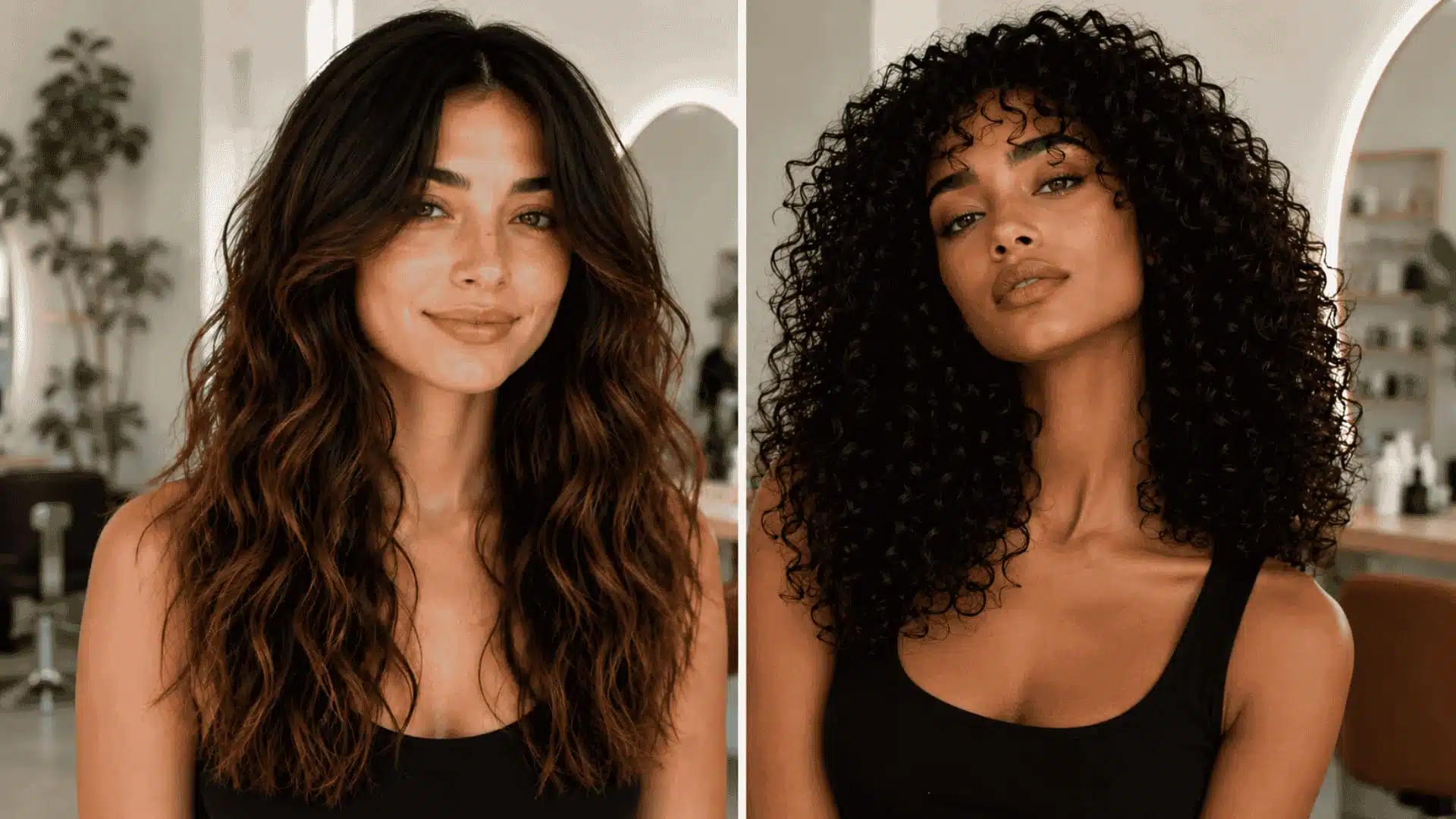 Side-by-side comparison of long wavy hair and curly hair