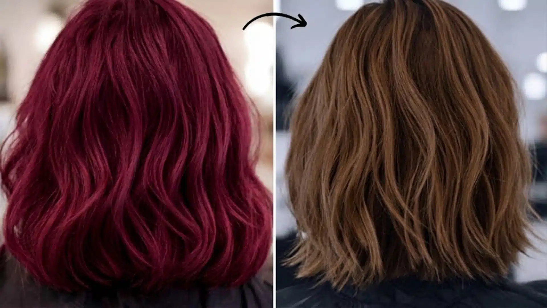 Side-by-side comparison shows a shoulder-length wavy bob; vibrant maroon hair transforms into a natural medium brown (2)