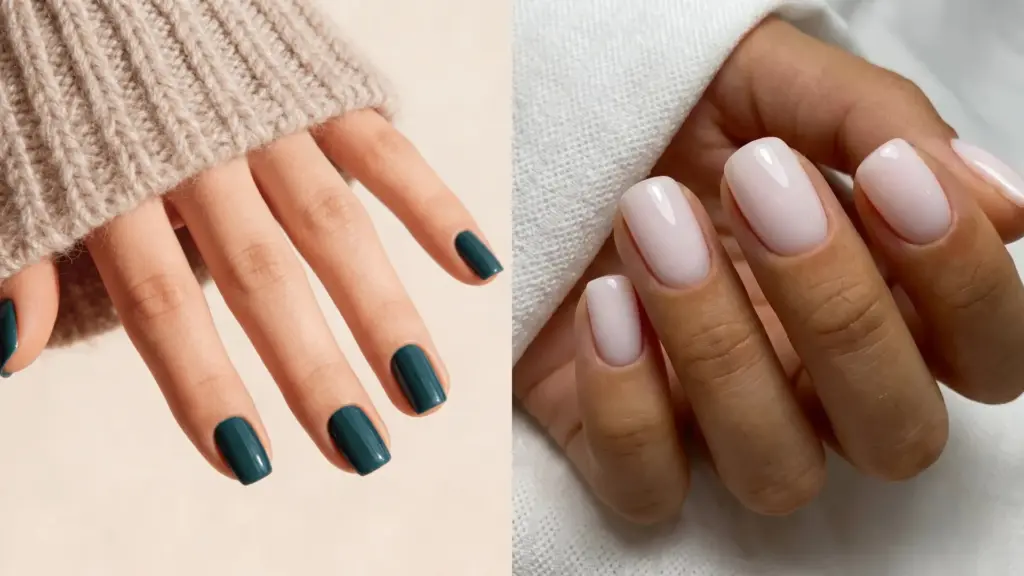 Side by side manicure showing dark gel nails and soft nude dip nails highlighting finish and shape differences