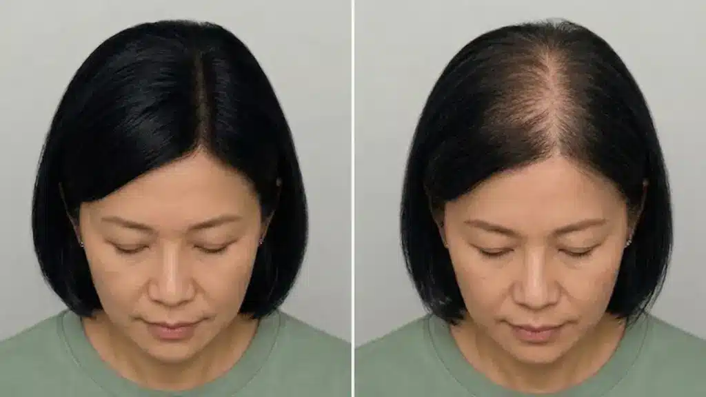 Side by side view of a woman showing normal hair and visible thinning at the crown area of the scalp