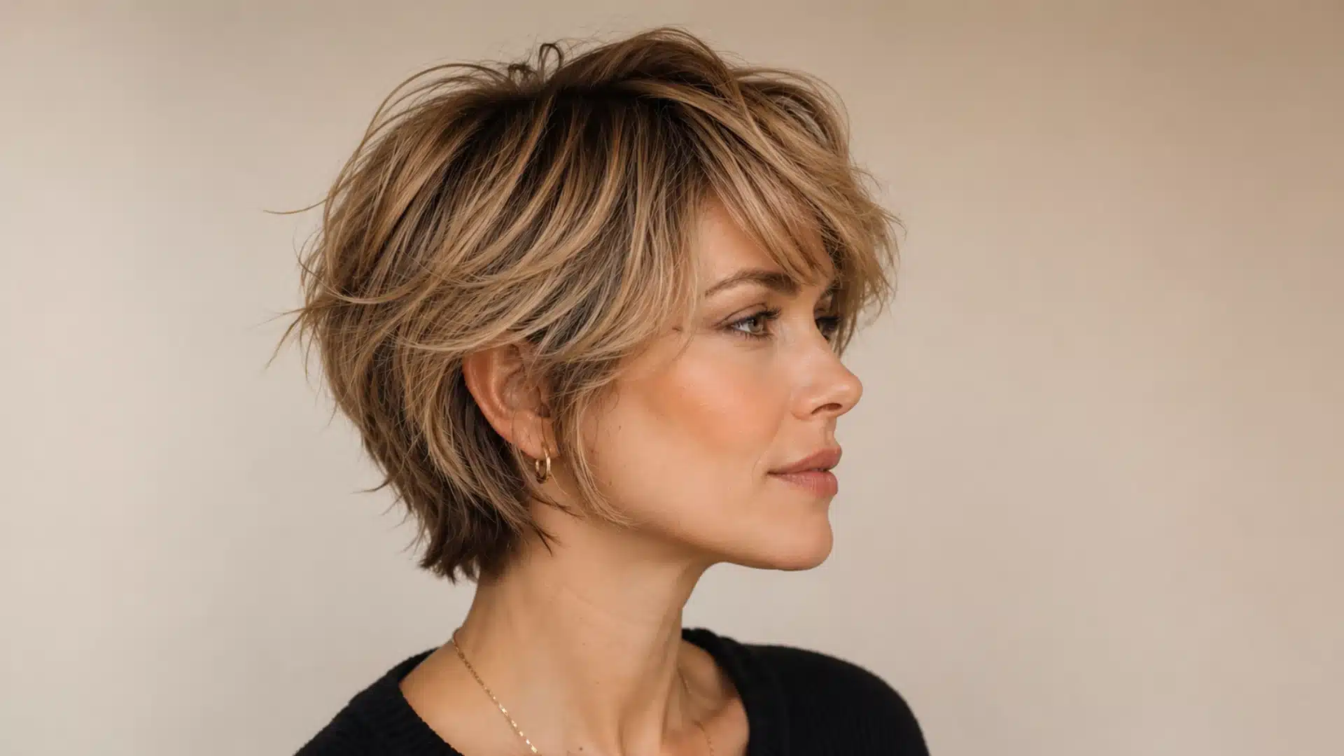 Side profile of a woman with a layered, honey-blonde pixie cut and textured volume