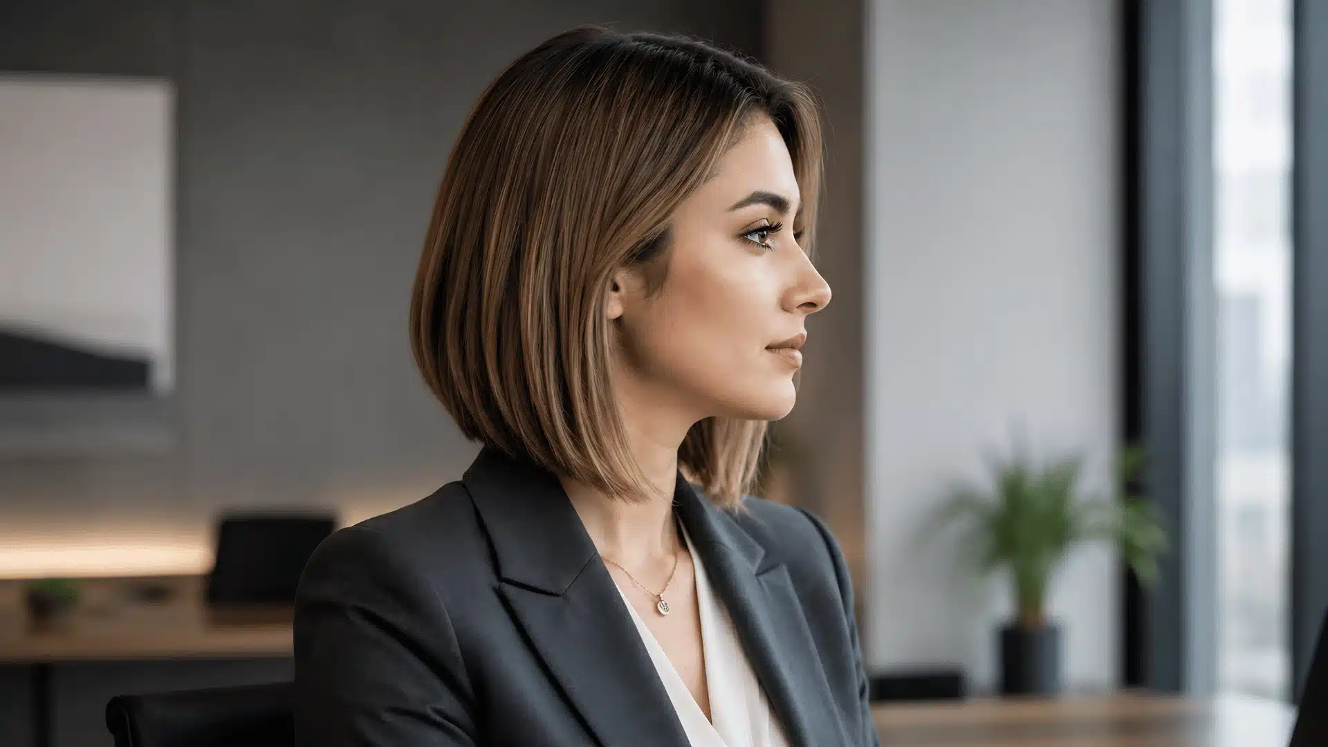 Side profile of a woman with a sharp, chin-length brown bob in a professional setting