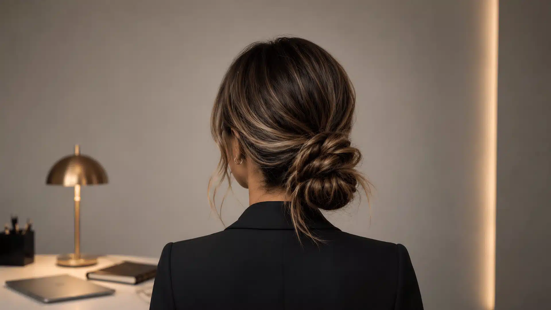 Side profile of a woman with a sleek, low ponytail in a professional setting