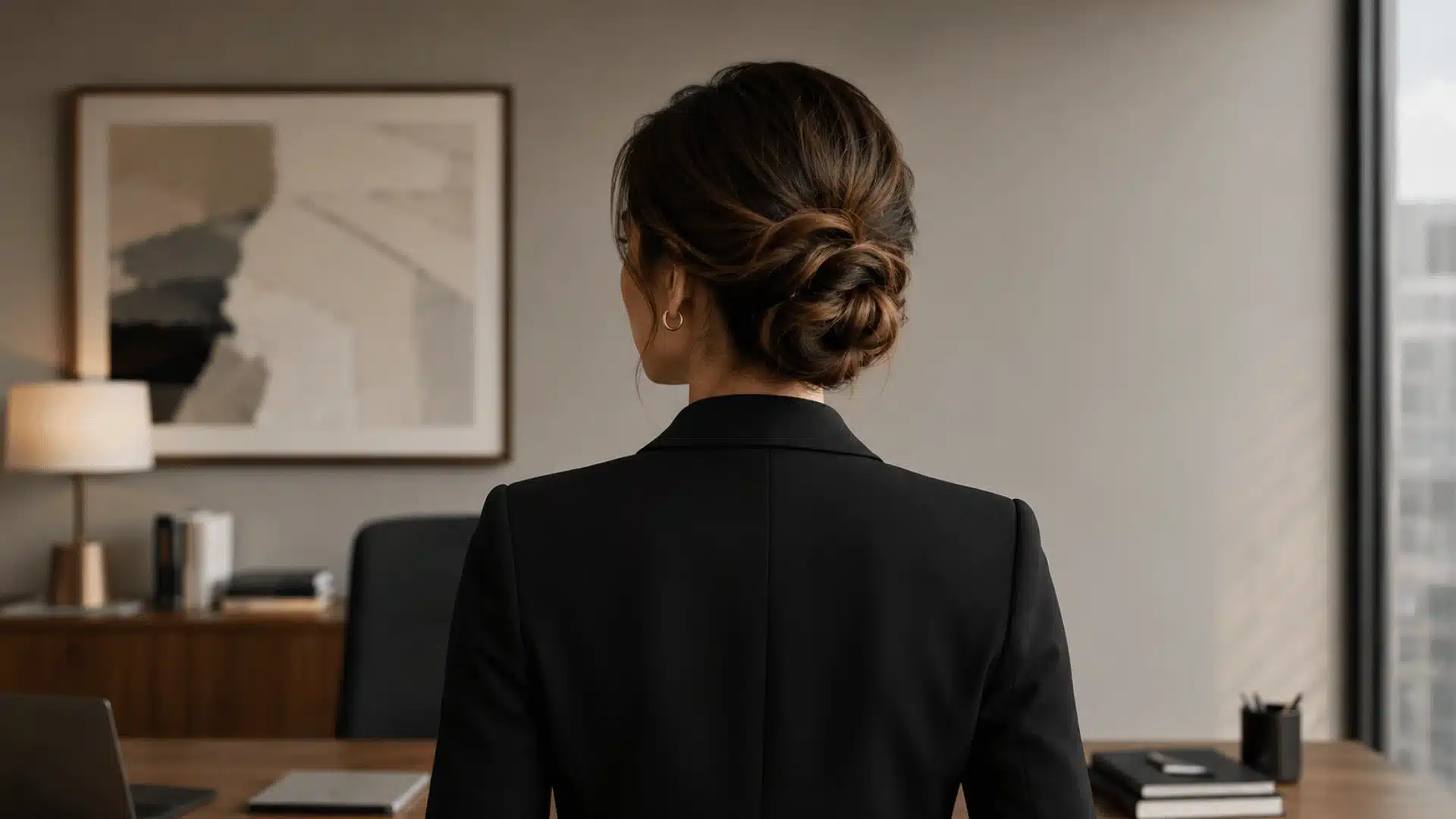 Side profile of a woman with a sleek, polished low bun wearing a navy blazer