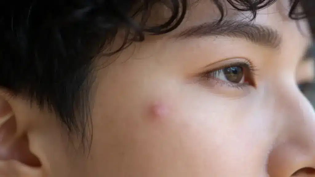 Side profile of face showing small blind pimple under skin with no white tip
