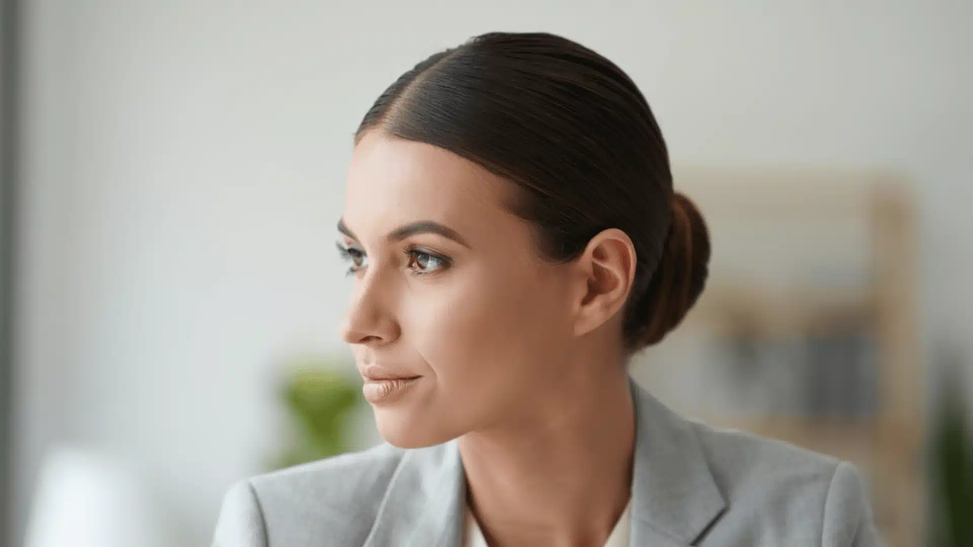 Side view of a woman with middle part with bun