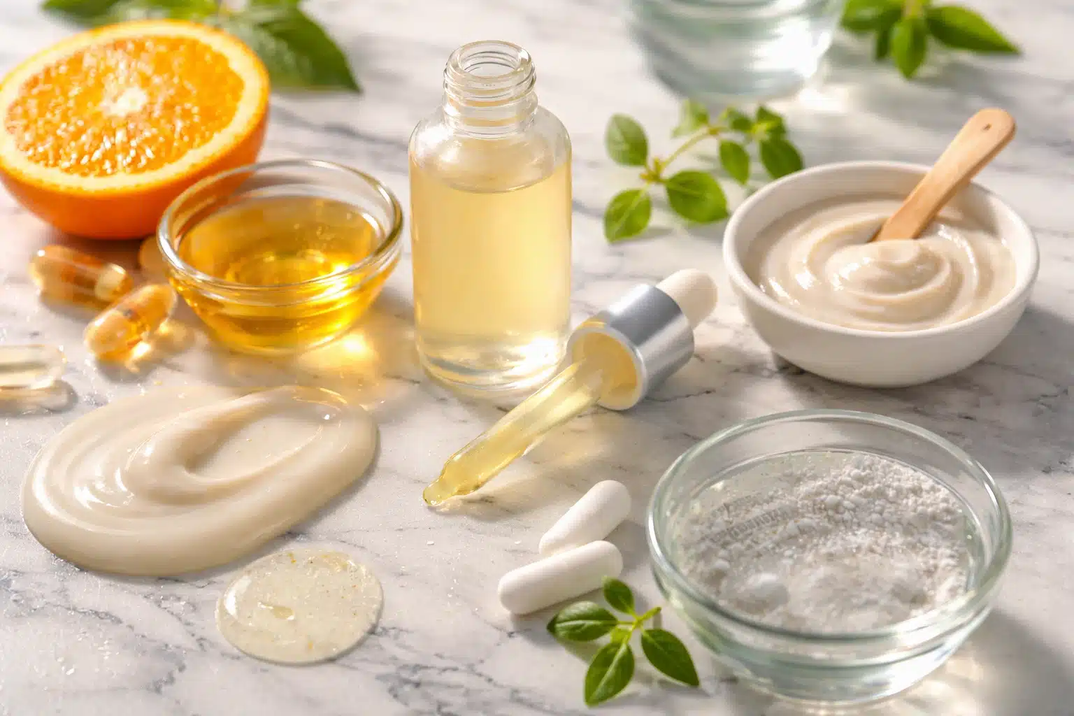 Skincare ingredients that pair well with retinol including serum, vitamin capsules, moisturizer, and natural extracts
