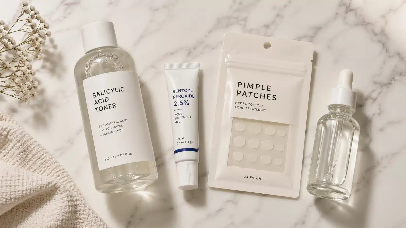Skincare products for nose acne treatment including salicylic acid toner and pimple patches