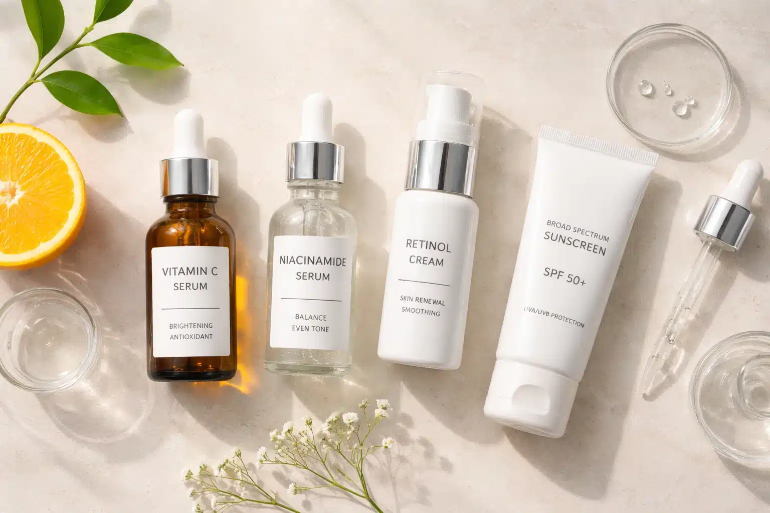 Skincare products including Vitamin C, Niacinamide, Retinol, and SPF 50+ sunscreen arranged with an orange slice.(8)