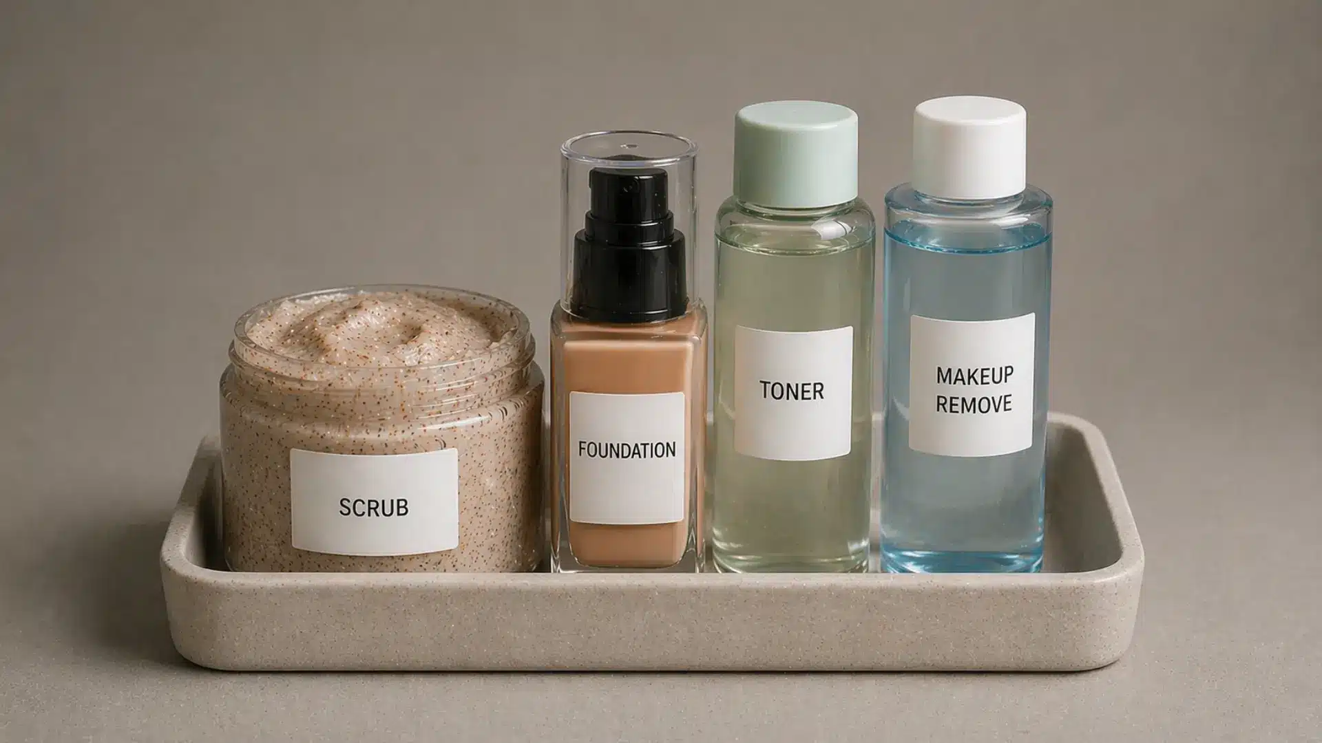 Skincare set with scrub jar, foundation bottle and toner containers arranged neatly on tray in neutral setting