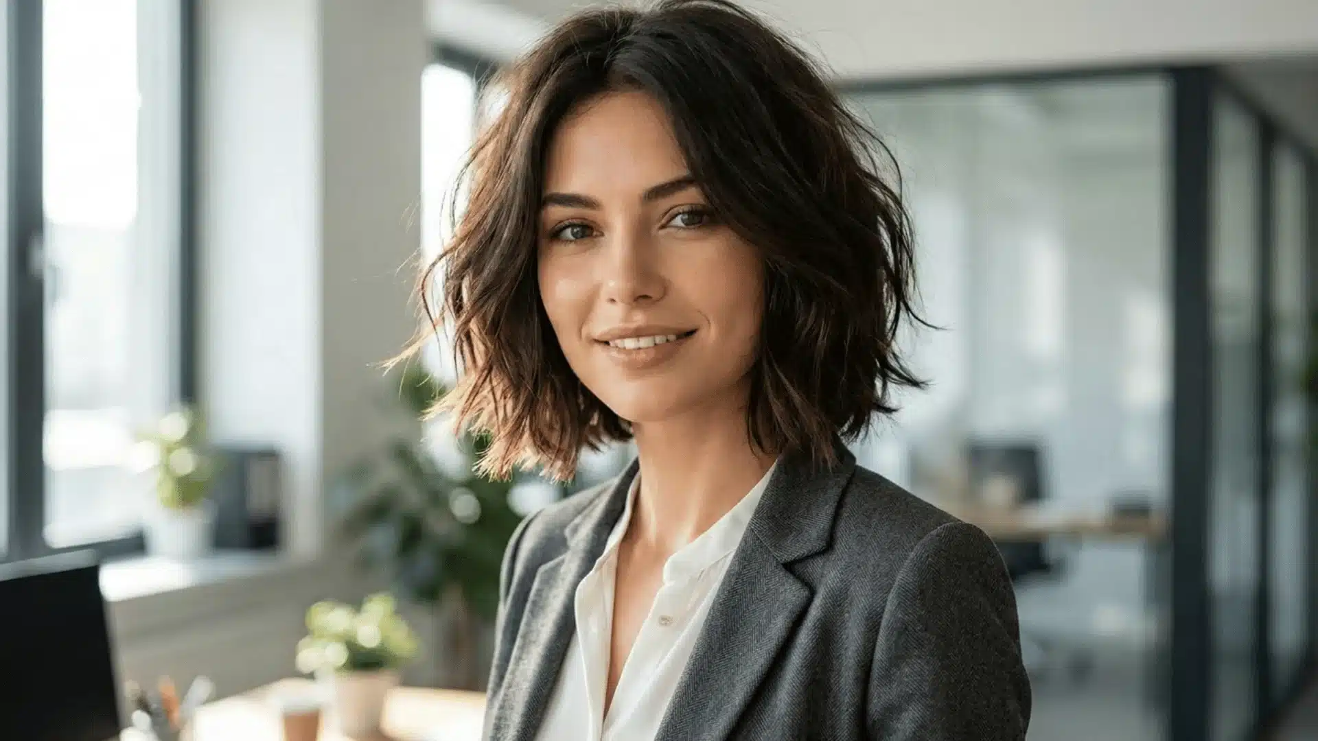 Smiling businesswoman with short wavy hair in modern office setting