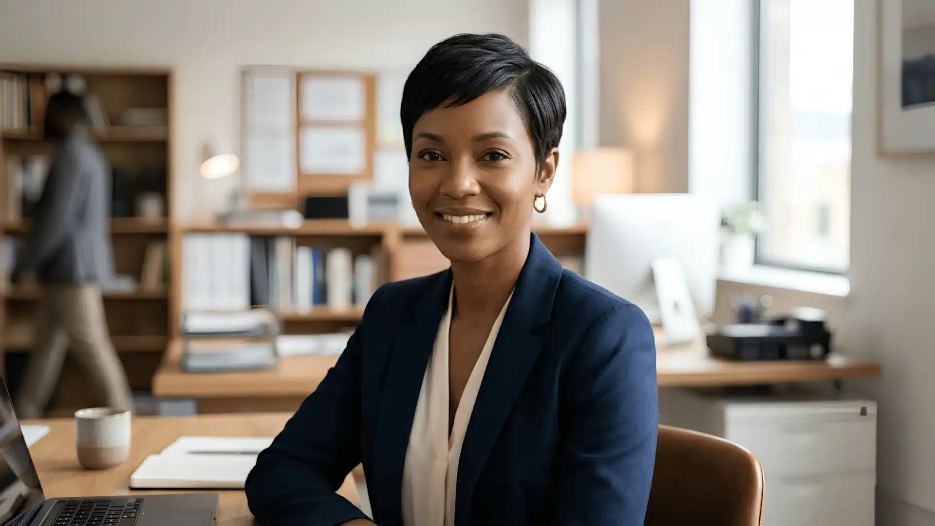 Smiling woman with a sleek black pixie cut wearing a navy blazer in an office