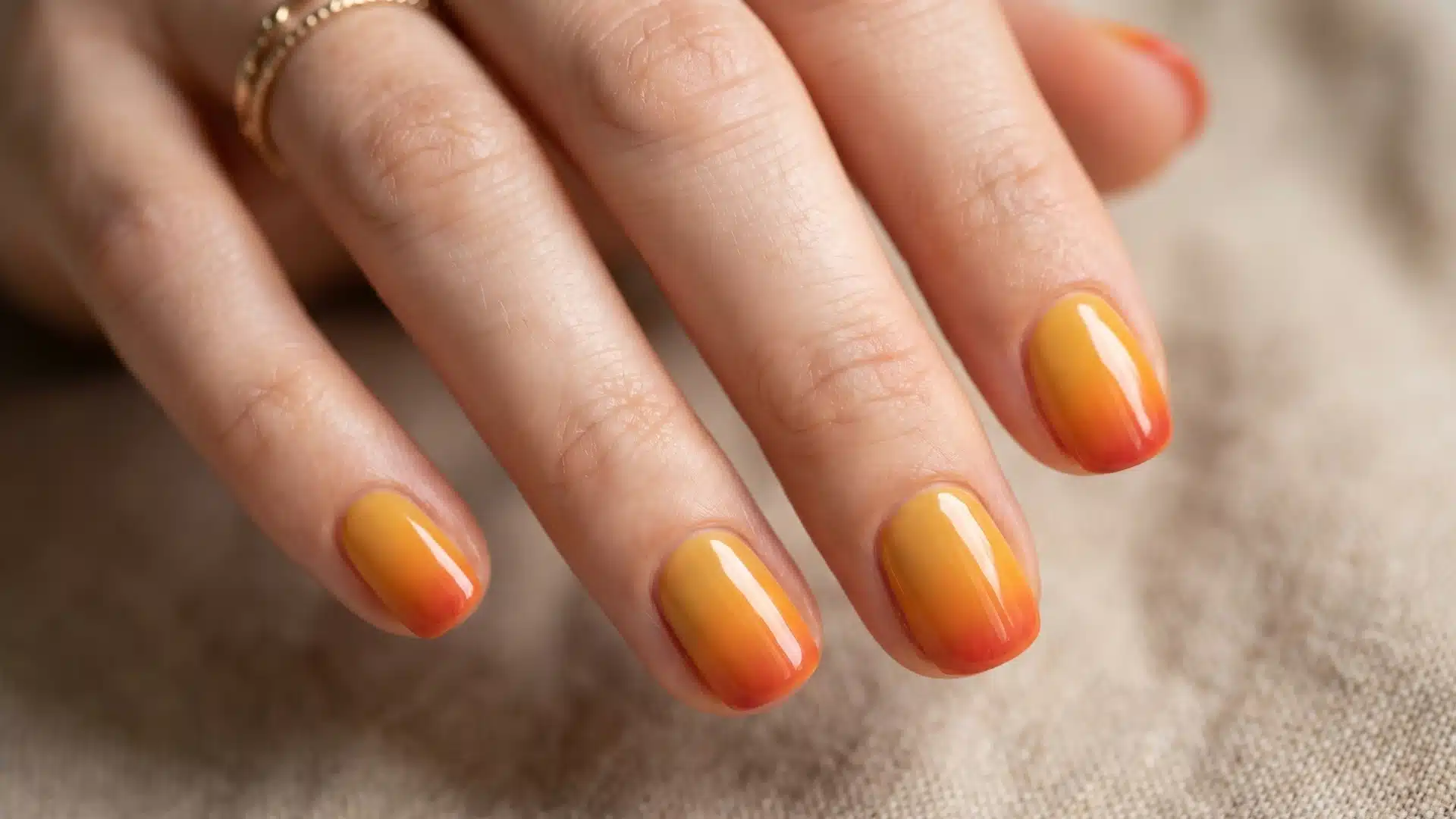 Smooth nails with warm yellow to orange gradient resembling a soft sunset blend