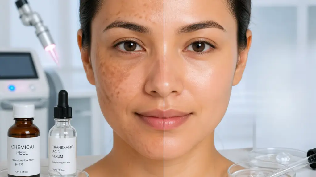 Split face comparison of a woman showing hyperpigmentation on the left and clear, glowing skin on the right.