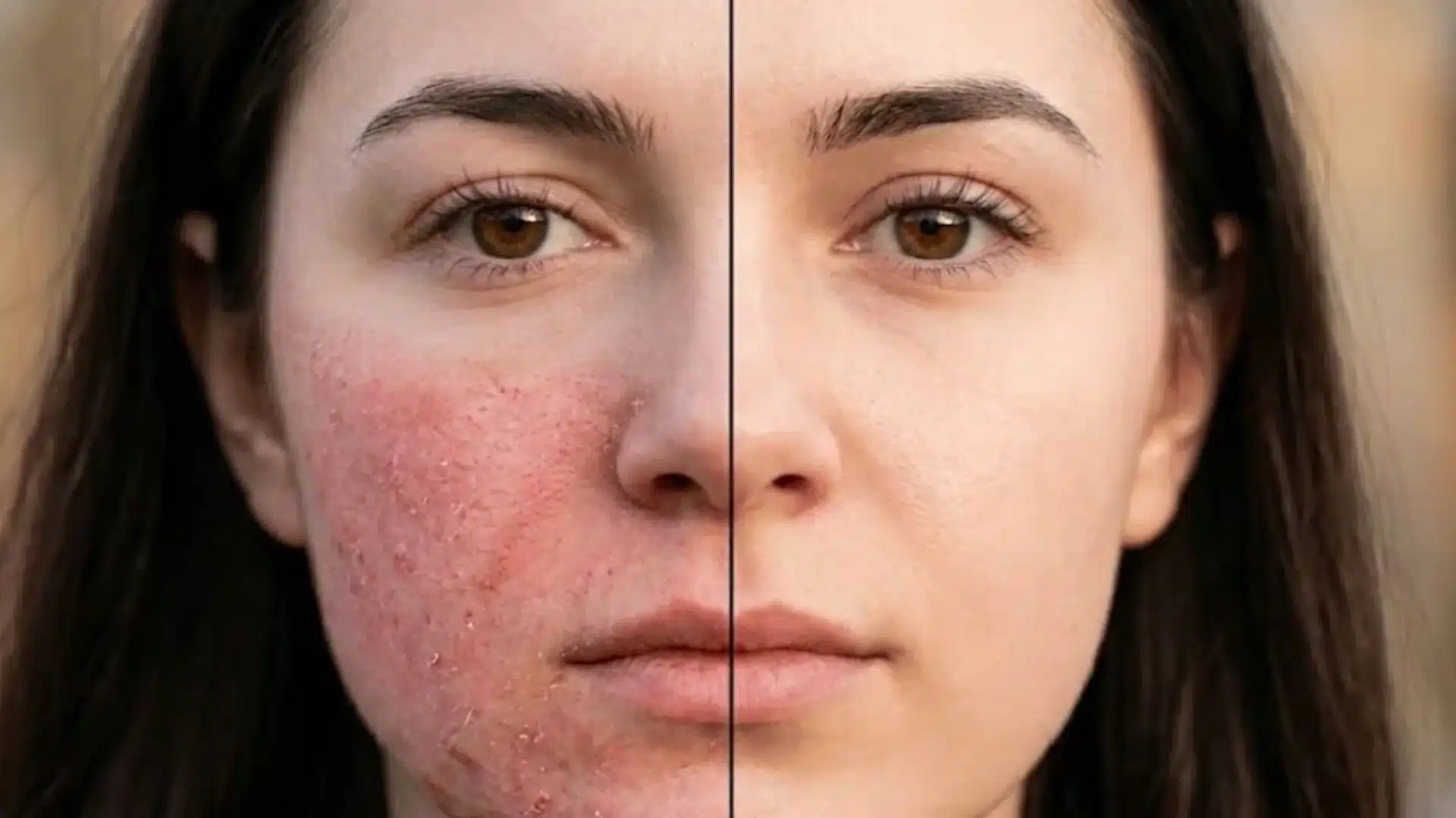 Split face showing irritated red over-exfoliated skin vs smooth healthy balanced skin