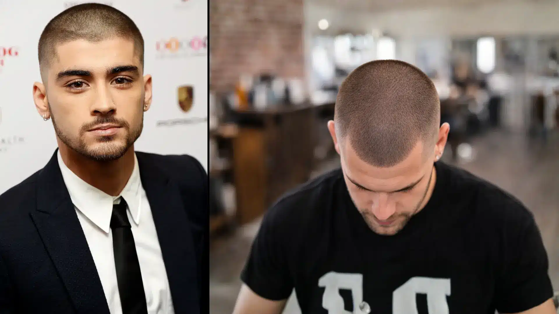 Split image of Zayn Malik with buzz cut and top view highlighting even short length and clean hairline in barbershop