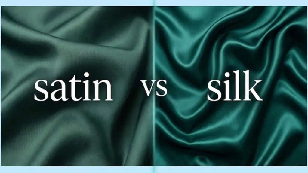 Split image showing satin vs silk fabric textures in green tones, highlighting surface smoothness and shine difference