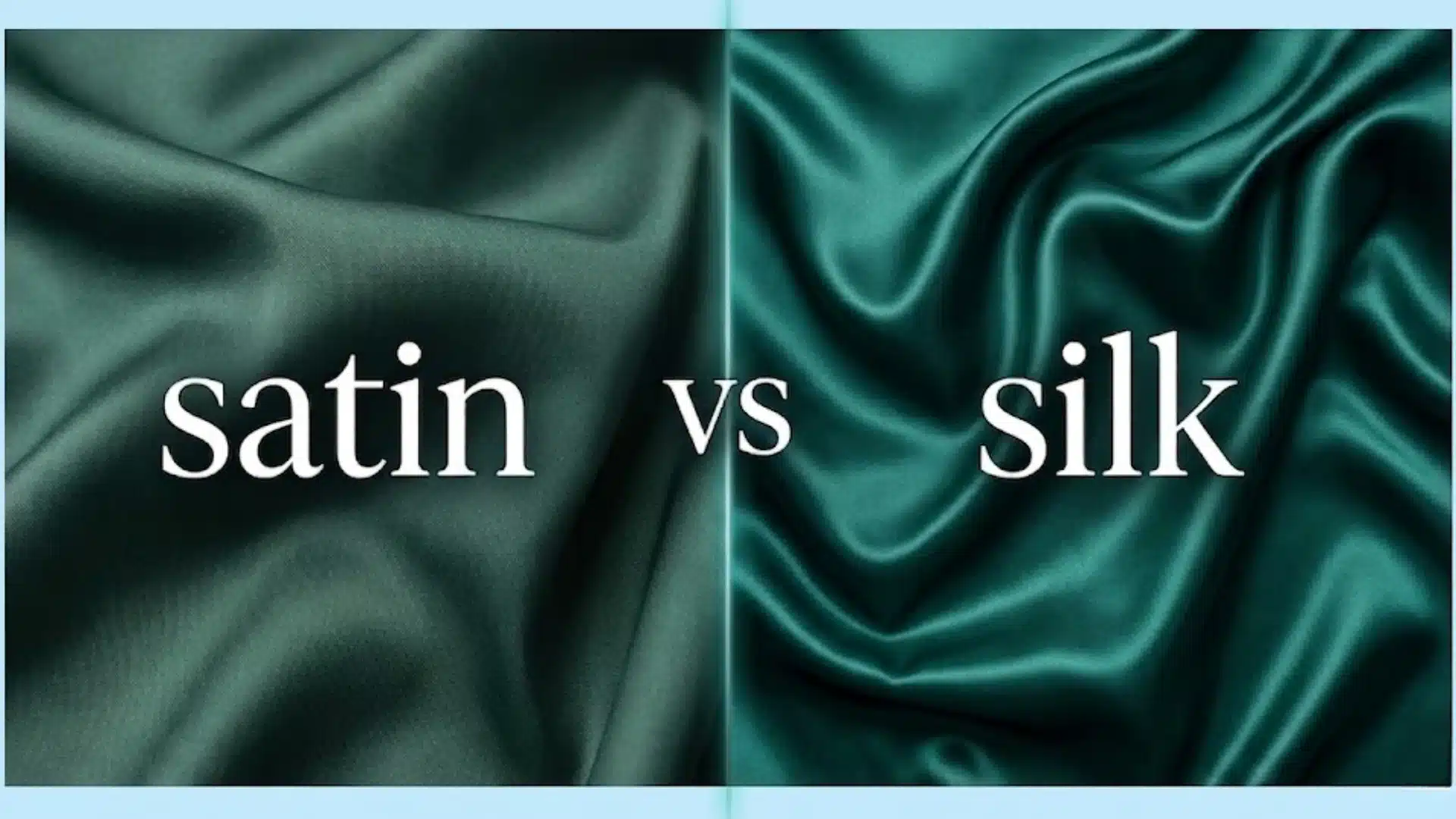 Split image showing satin vs silk fabric textures in green tones, highlighting surface smoothness and shine difference