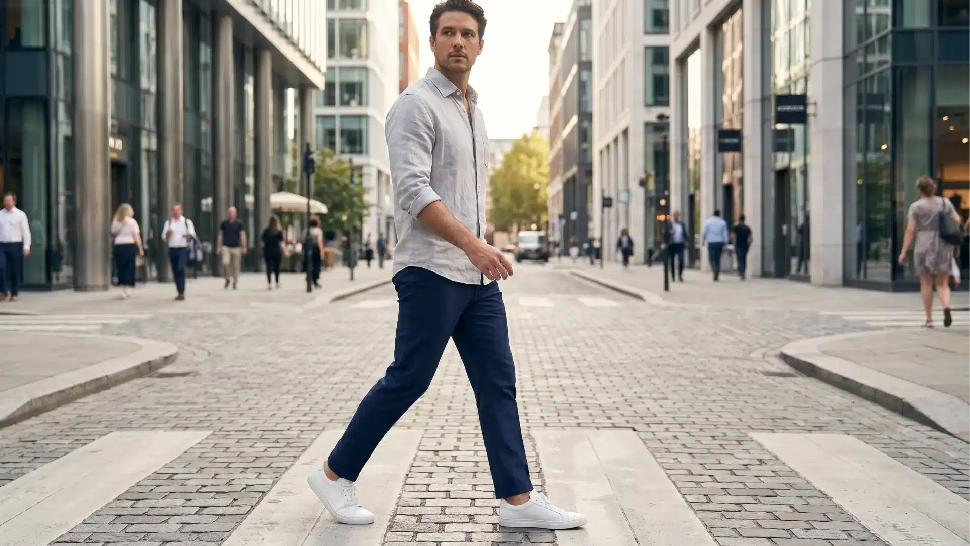 Stylish man wearing a light grey shirt with navy blue pants and white sneakers walking through a city street.