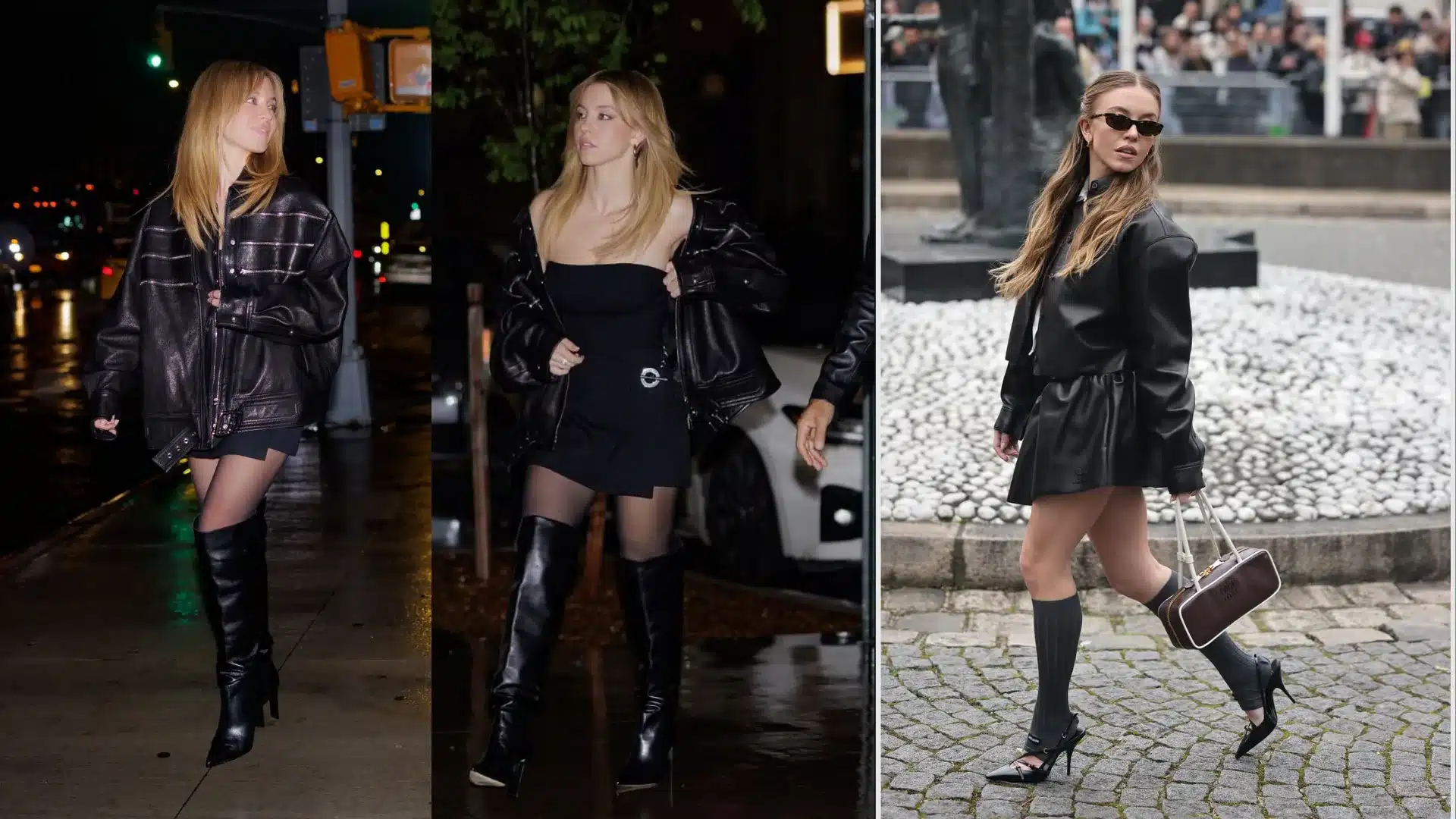 Sydney Sweeney wearing a black leather jacket at the Armani Beauty event in New York and during Paris Fashion Week