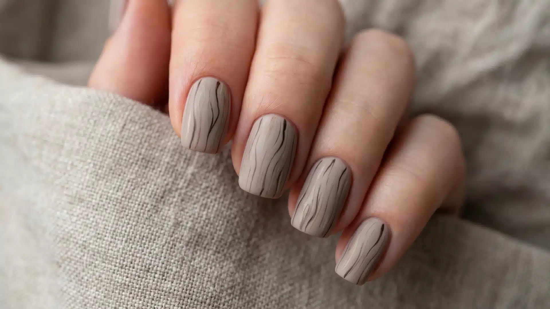 Taupe matte nails with fine wood grain detailing on a soft fabric background