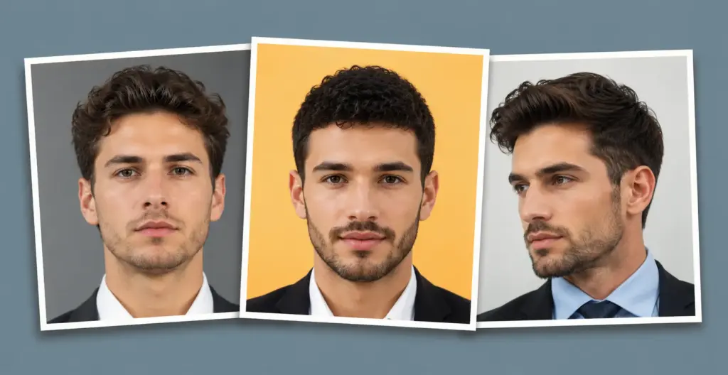 Three overlapping portrait photos of young men in suits against a soft blue studio background
