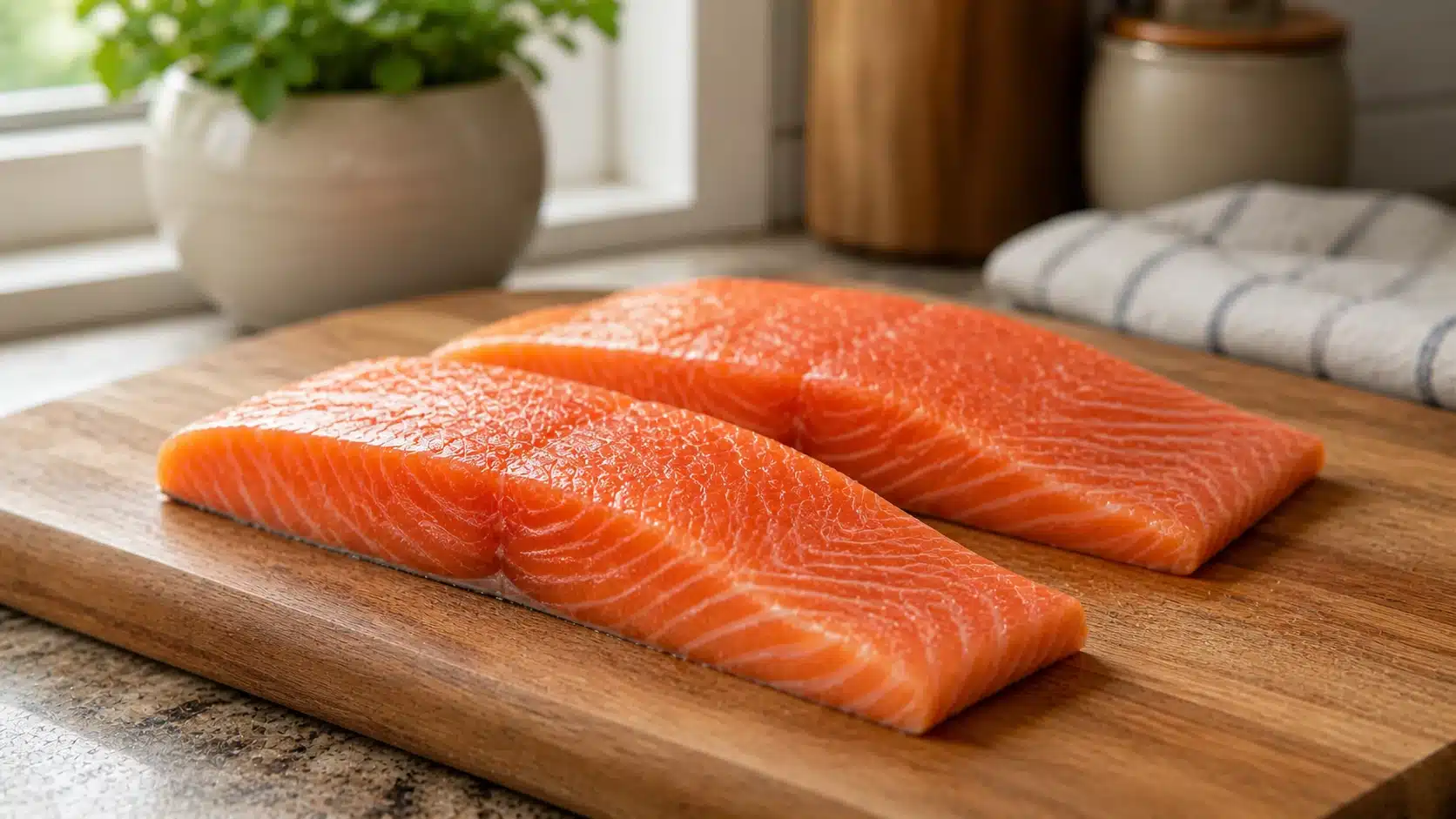Two raw salmon fillets with vibrant orange flesh and white marbling sit on a wooden cutting board in a bright kitchen