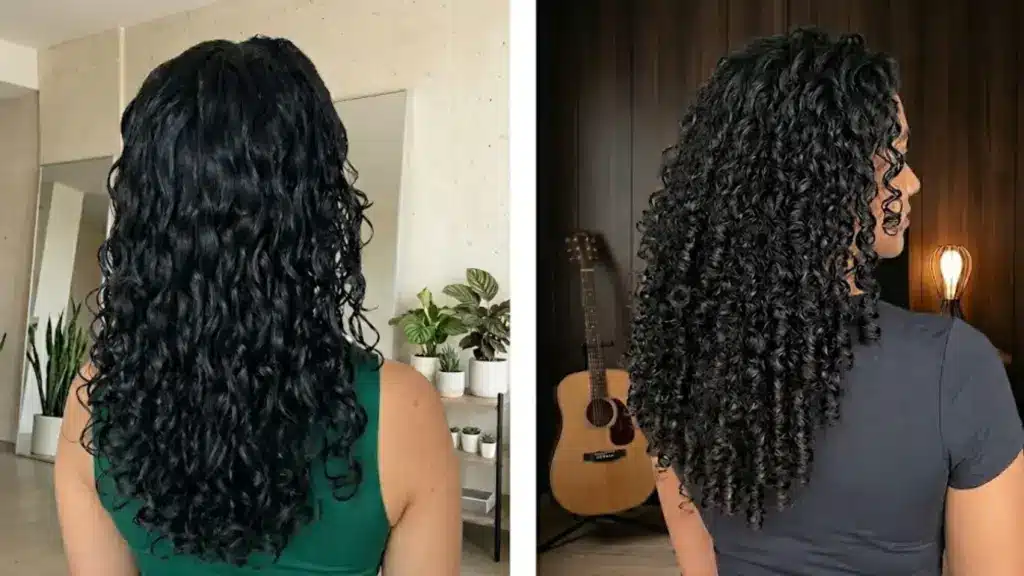Two side-by-side photos of a person from behind, showcasing long, dark, shiny curly hair with different lighting