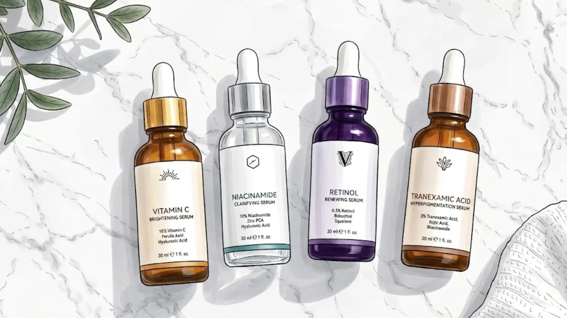Vitamin C, niacinamide, retinol, and tranexamic acid serums used for dark spots and uneven skin tone