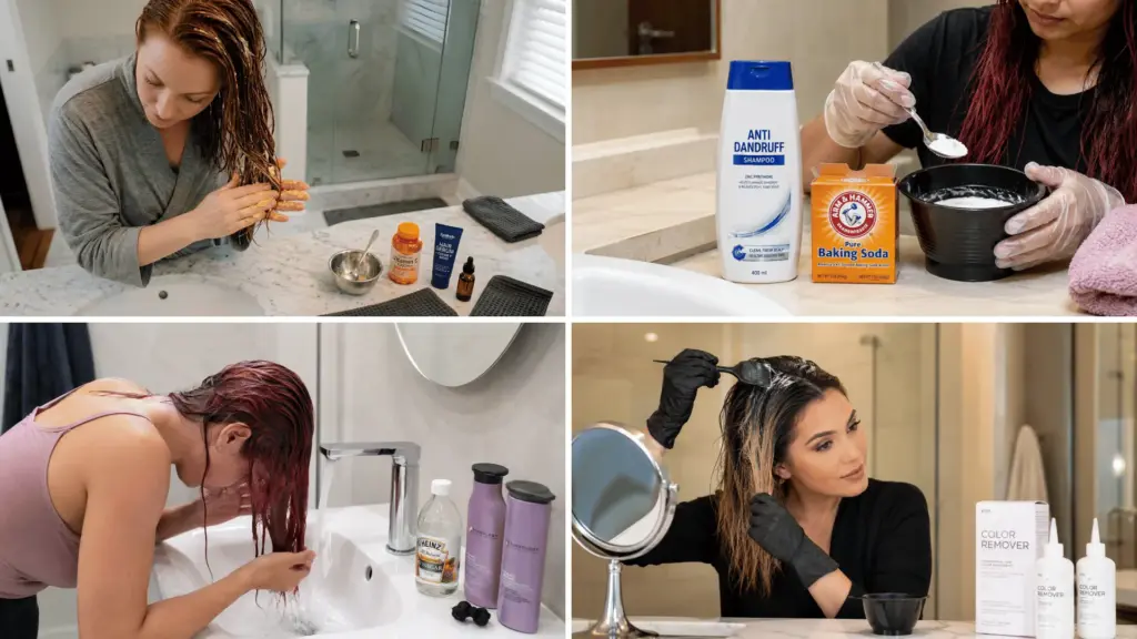 Woman applying DIY hair color remover treatments and washing dyed hair in bathroom