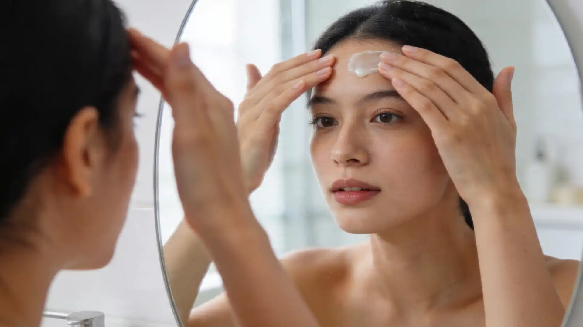 Woman applying facial cream to her forehead while looking in a bathroom mirror, focusing on skincare routine and clear complexion
