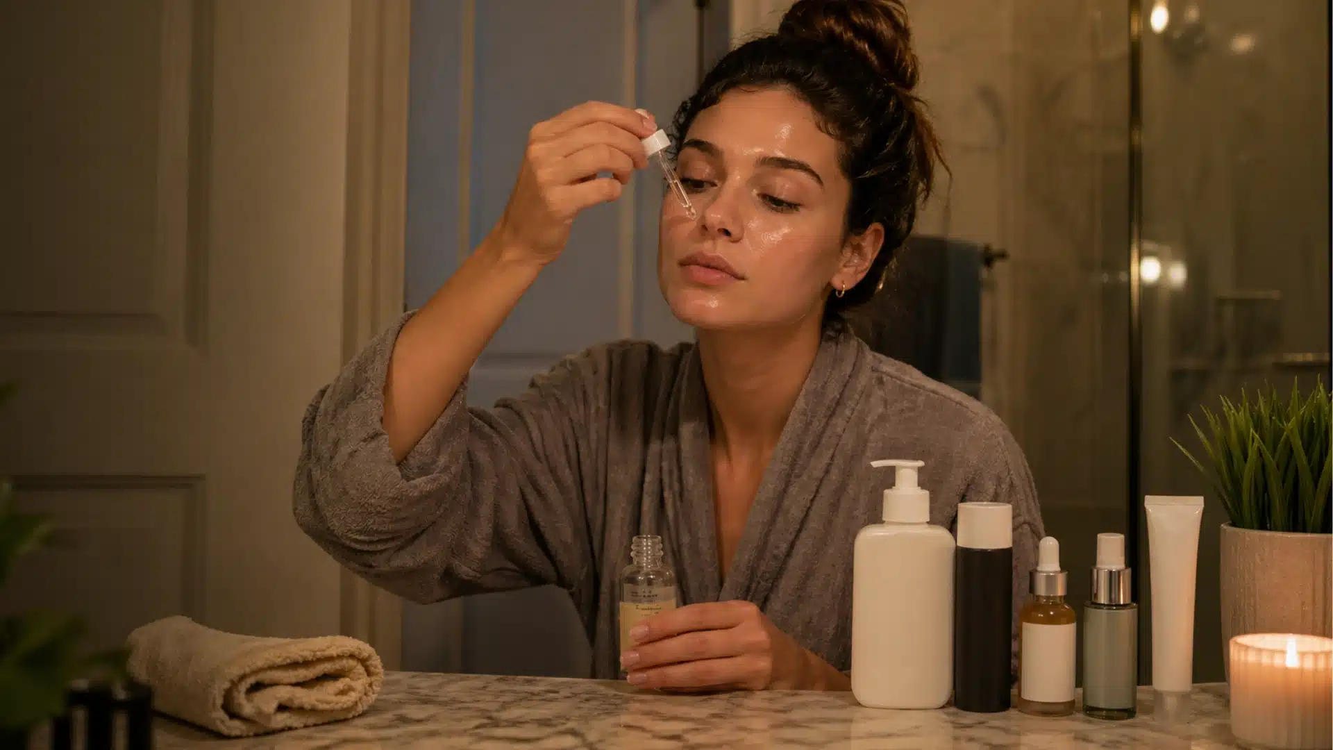Woman applying facial serum with dropper during nighttime skincare routine, warm bathroom lighting, acne treatment products on counter, calm realistic setting