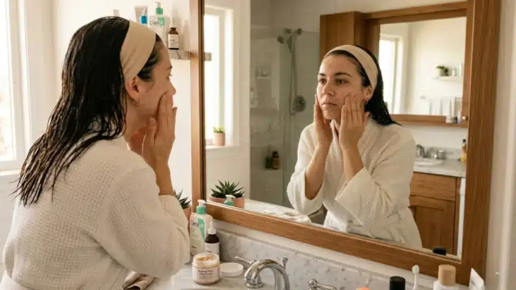 Woman applying skincare while looking in mirror, gentle face exfoliation routine at home