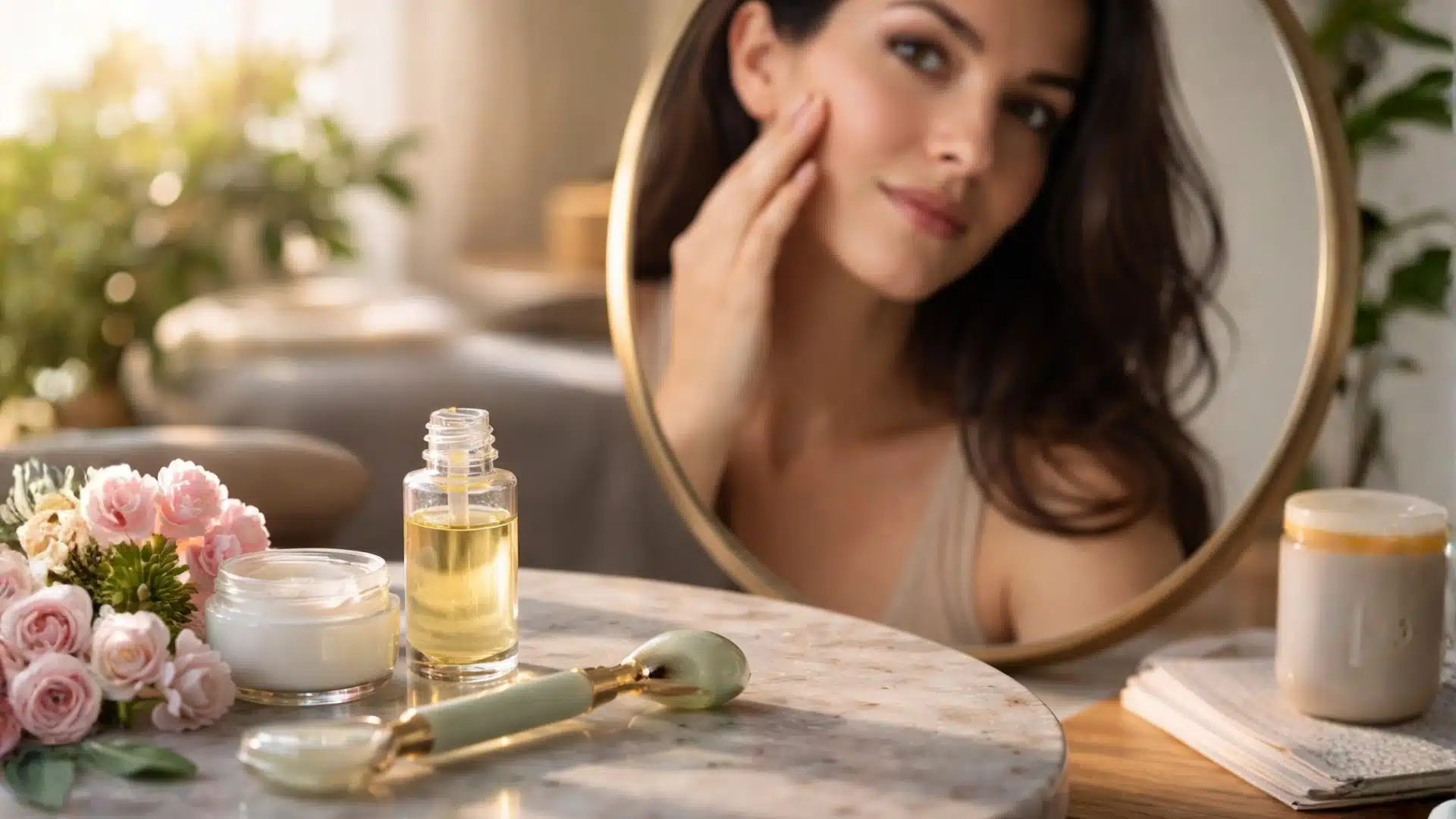 Woman applying skincare with retinol serum and facial tools to help reduce dark spots and improve skin texture and glow