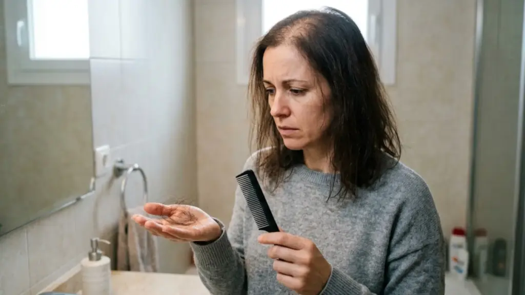 Woman checking hair shedding in comb while standing in bathroom mirror with worried expression