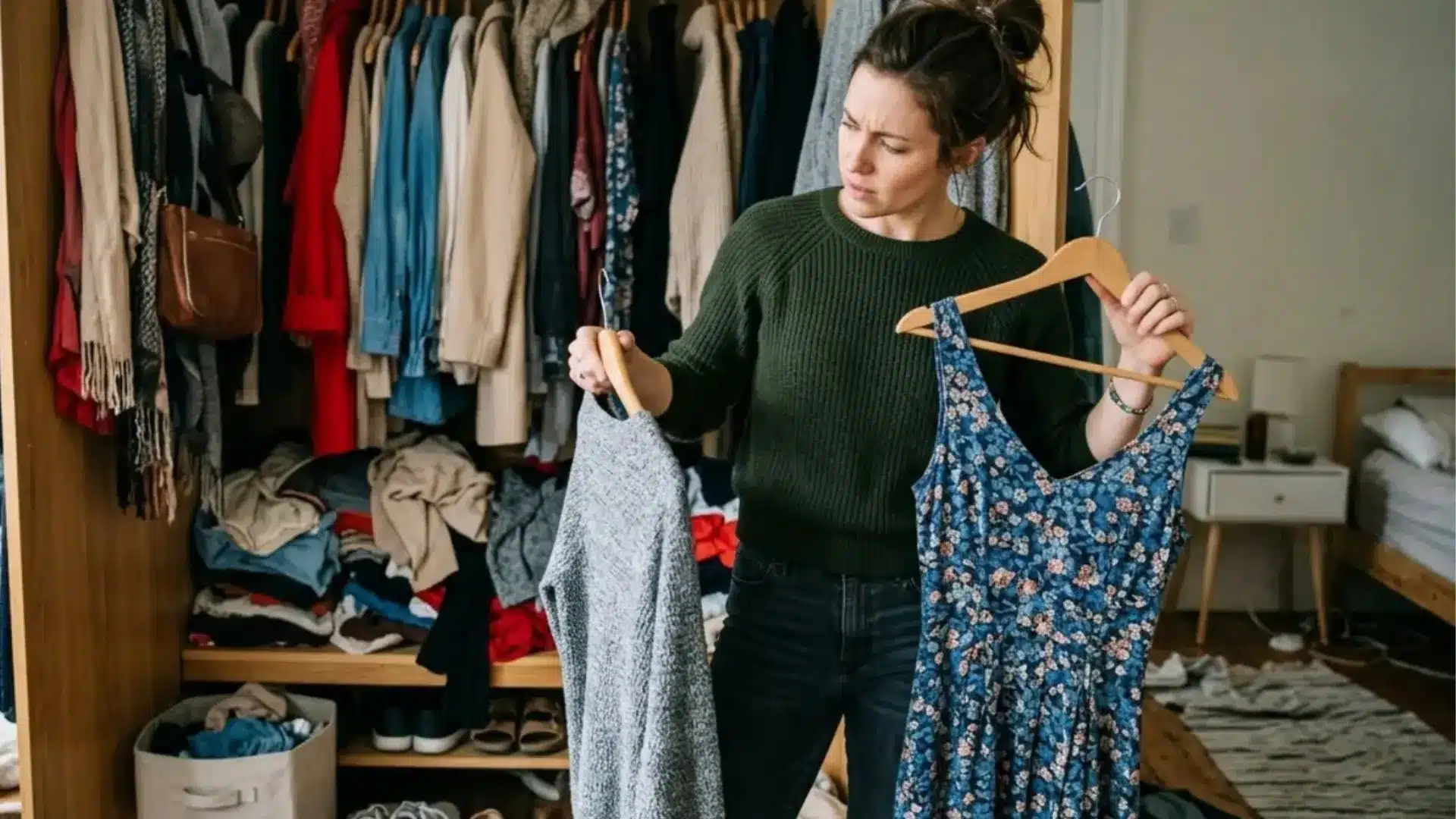 Woman comparing two dresses in front of open closet with hanging clothes and folded items showing closet audit