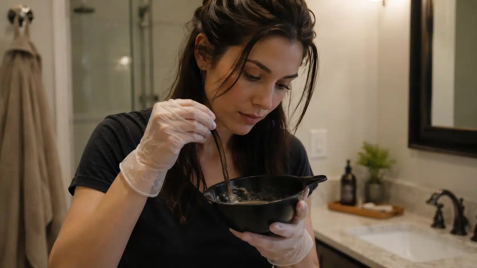 Woman doing a hair dye strand test at home before full hair color application
